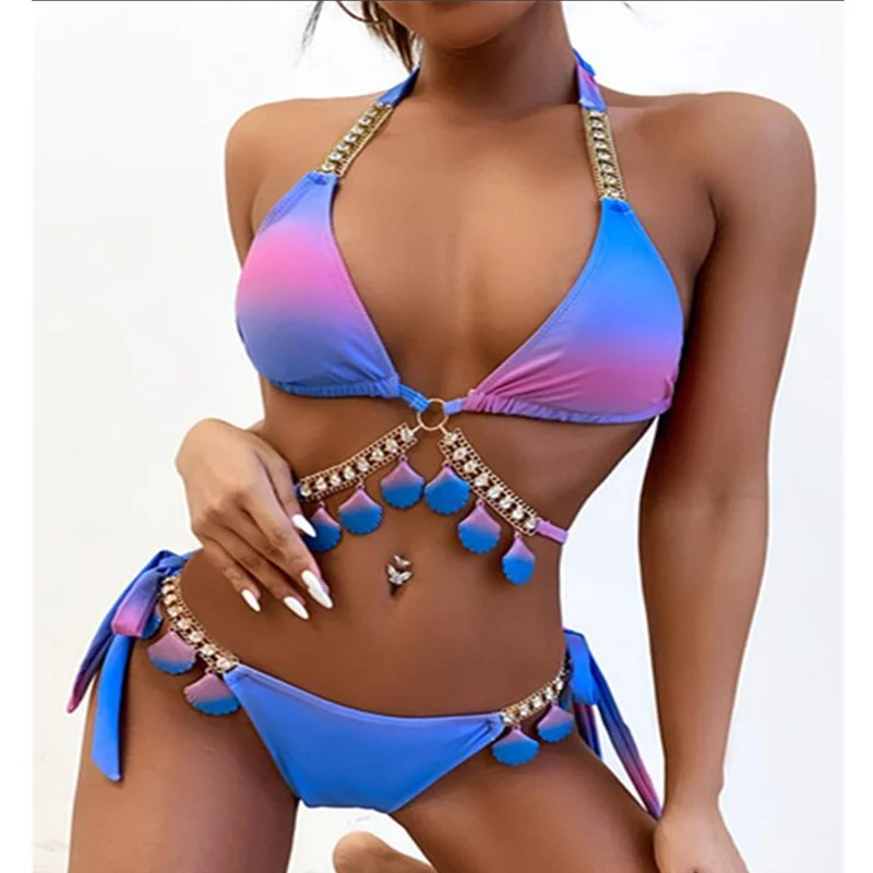 

Luxury Rhinestones Bikini 2023 Women Sexy Tie Dye Gradient Jewelled Bandgae Thong Swumsuit