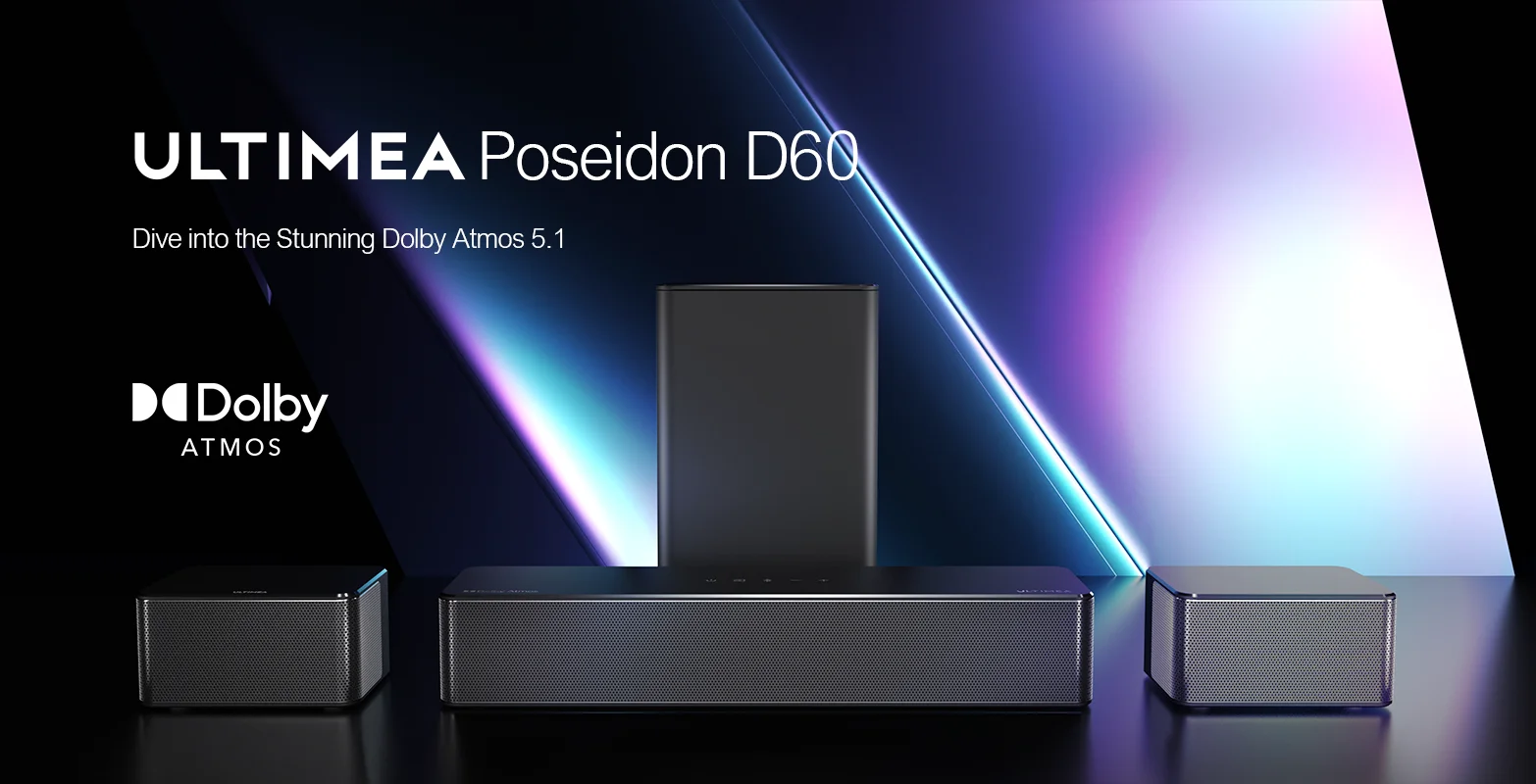  ULTIMEA 5.1 Dolby Atmos Sound Bar, Peak Power 410W, Sound Bar  for Smart TV with Subwoofer, 3D Surround Sound System for TV, Surround and  Bass Adjustable Home Theater, Poseidon D60 Series 