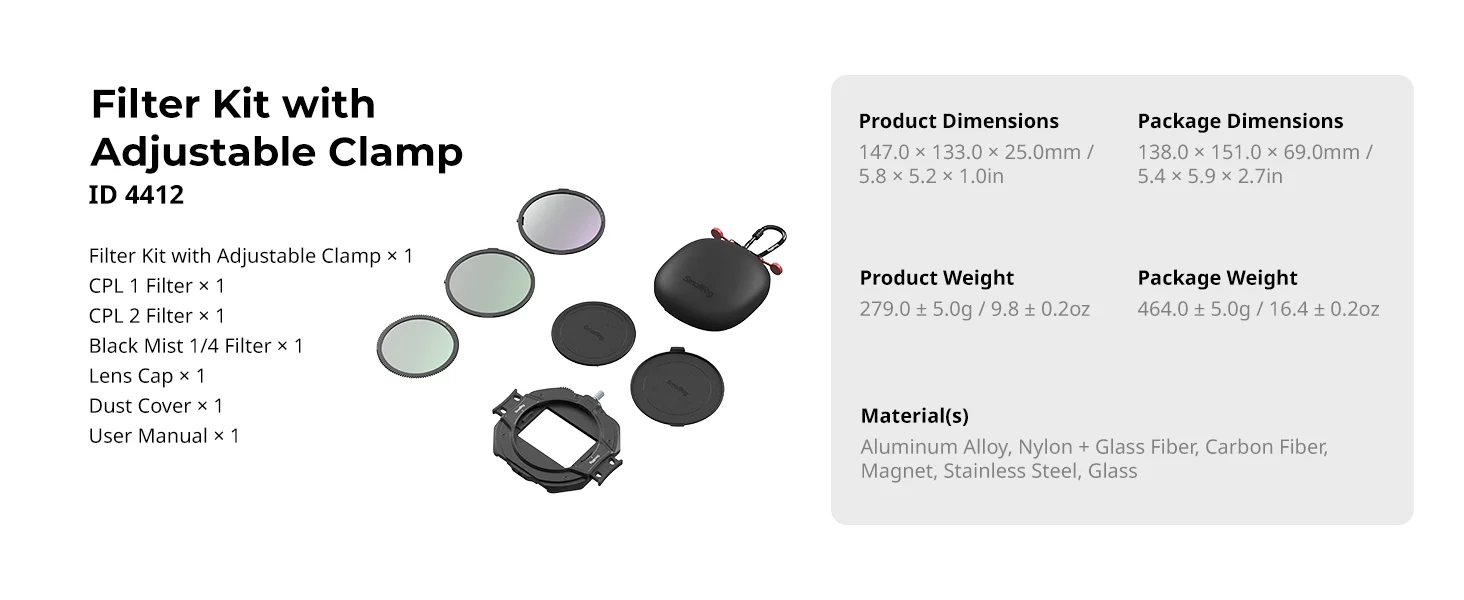 SmallRig Filter Kit mit verstellbarer Klemme von 67 mm bis 82 mm, mit CPL, VND, schwarzen Diffusions-14-Filtern für spiegellose DSLR-Kameras 4412 – Detail 9