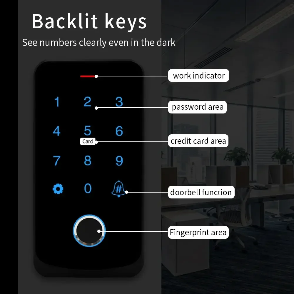 Tuya Bluetooth Backlit Touch Access Control Keypad IP65 Waterproof RFID 13.56MHz Keyboard Biometric Fingerprint Door Opener