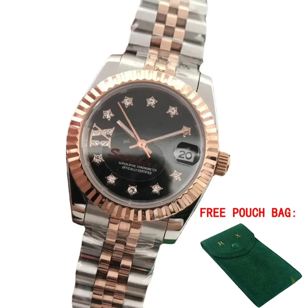 

Luxury New Women Mechanical Watch Automatic Rose Gold Rome Black Reloj Hombre
