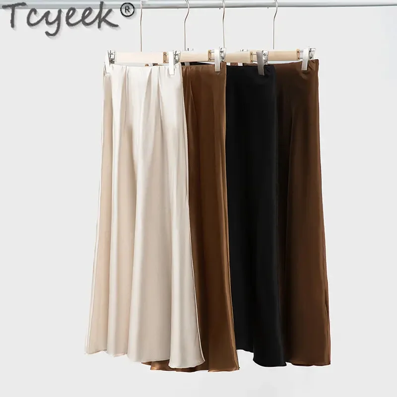 

Elegant Tcyeek Silk s for Women High Waist Mid-length Korean Fashion A-line Slim Black Skirt Faldas Para Mujer Zm2911