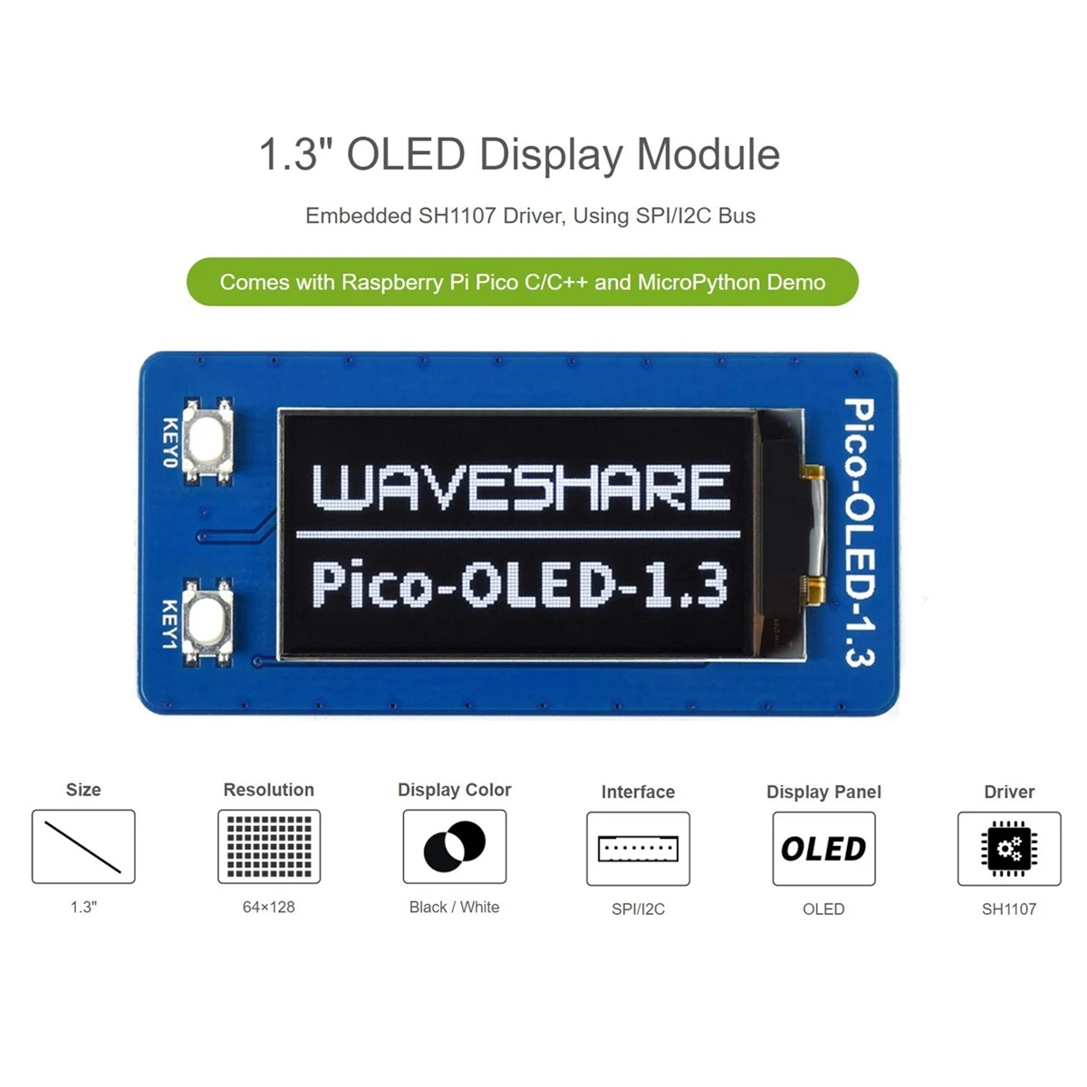 Waveshare OLED ÷ ,    ũƮѷ ,  SH1107 ̹, 64X128 ȼ, 1.3 ġ