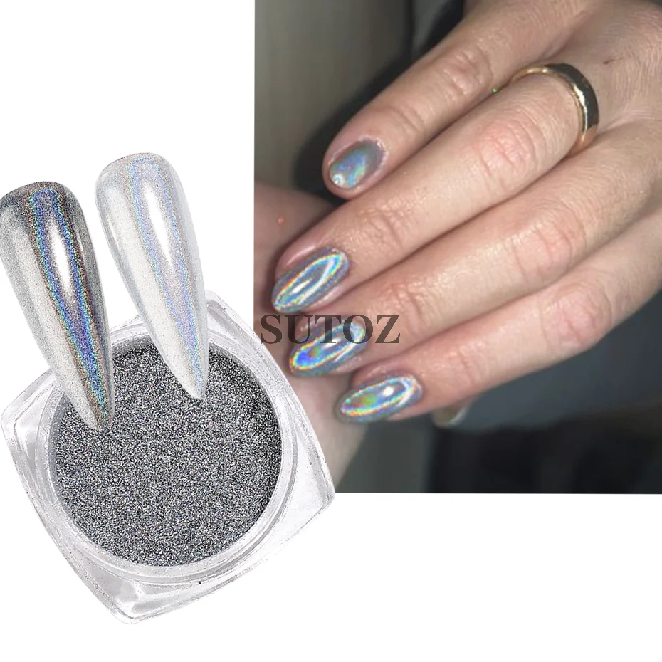 Nail Powder Nail Pigment Nail Glitter Nail Decoration Nail Decorations Nail Powder Set 1Box Laser Glitter Chrome Nail Powders Silver Metal Mirror Dust Manicure accessories Pigment Brush DIY Nails Decorations LELSG-2