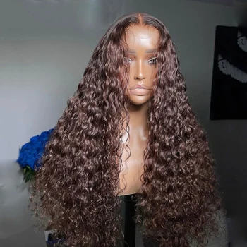 Chocolate Brown Deep Wave Frontal Wig Long Curly Lace Front Wigs for Women 13x4 Glueless Synthetic Hair Natural Hairline