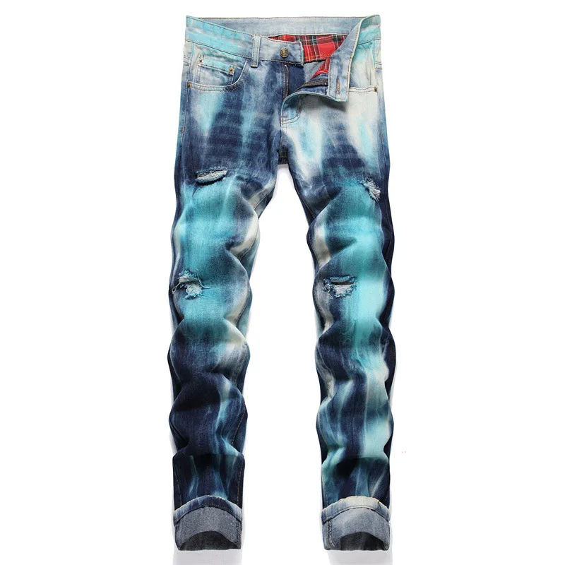 

Men Stretch Ripped Skinny Biker Paintings Printed Jeans Destroyed Hole Slim Fit Denim Pants High Quality Hip Hop Blue Jeans