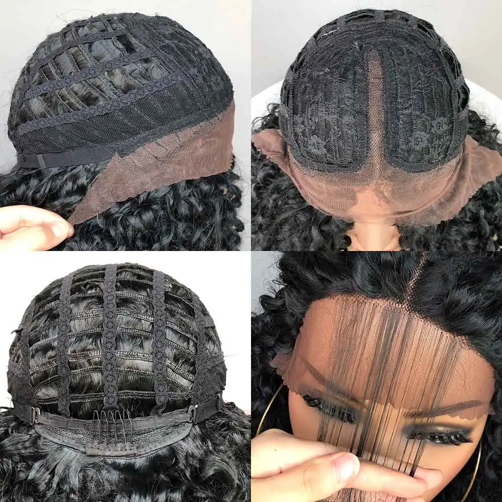 Short Bob Wig Lace Front Wigs for Women Afro Kinky Curly Wigs Ombre Brown Synthetic Middle Nature Hair Black Headgear with Clips - Image 6