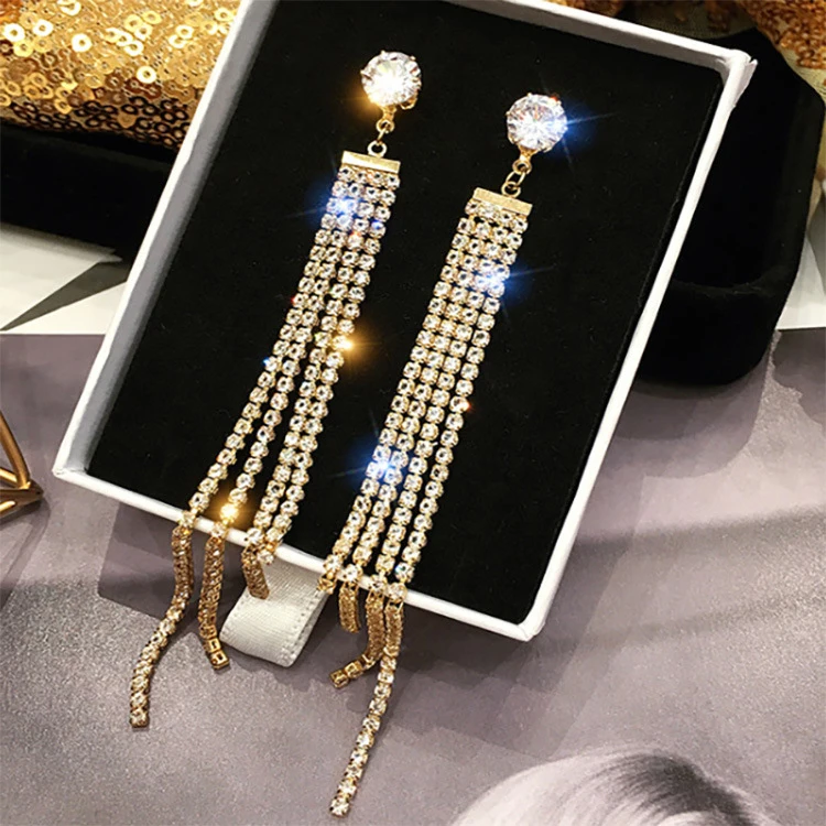 Clip Earrings Crystal Rhinestone Long Tassel for Women Bridal Party