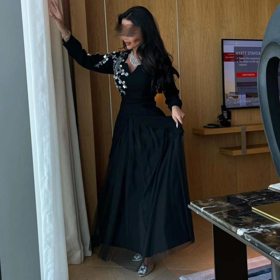 

Santorini Vestidos Prom Dresses Long Sleeves Beaded Sequins Square Neck Evening Dress A Line Tulle Saudi Arabia Women Party Gown