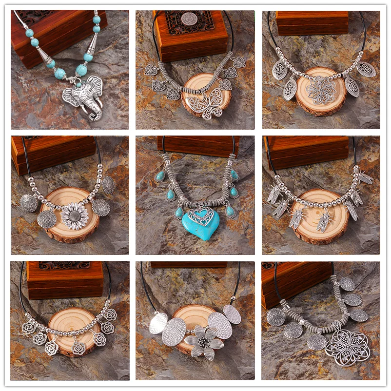 Aihua Böhmen Vintage Türkis Stein Halskette für Frauen Halsreif Collier ethnische tibetische Halsketten große Aussage Schmuck