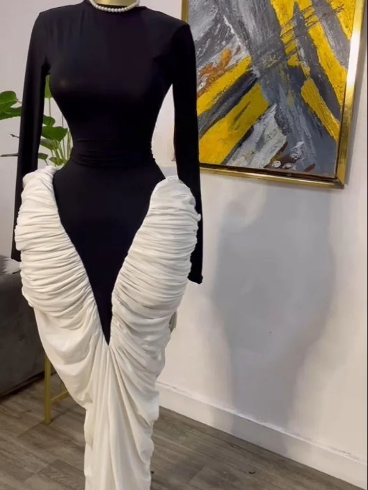 Wmstar Dress Women Party Autumn Women's Dress Is A Sexy and Elegant Round Neck Pleated Color Blocking Figure Hugging Dresses