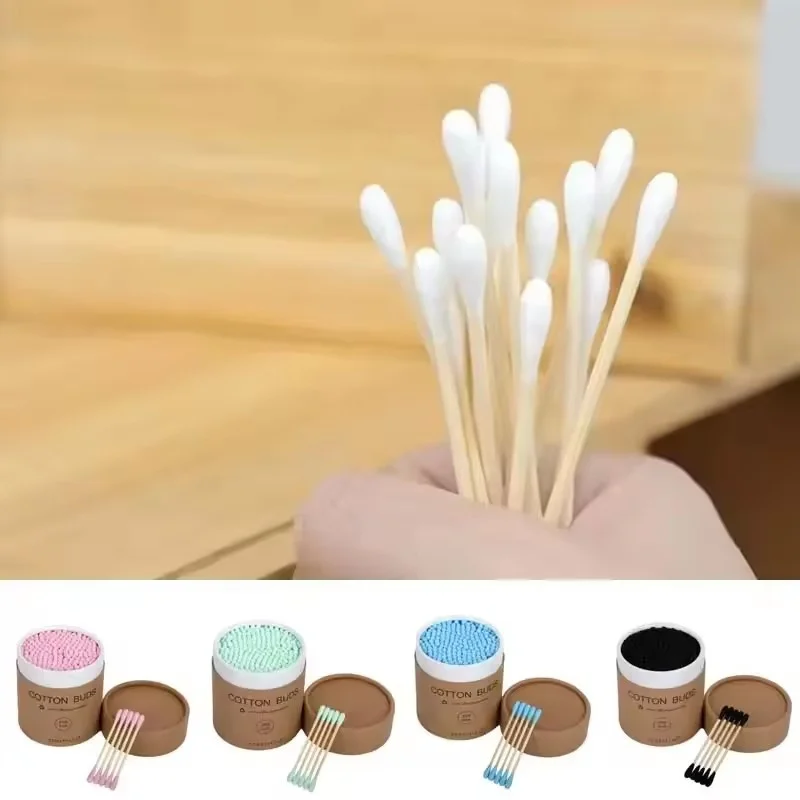 200Pcs Bamboo Cotton Swabs Wooden Sticks Organic Cotton Buds Round Tips Double Heads Baby Ear Sticks Cleaning Ears