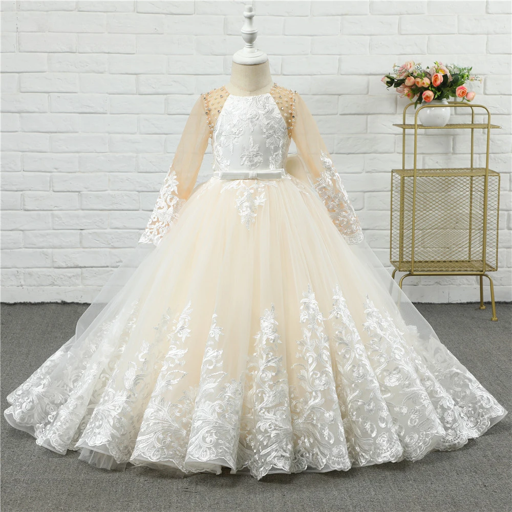 

Lace Applique Flower Girl Dresses Cute Baby Child Skirt Puffy Princess Clothing For Formal Birthday Party Gown First Communion