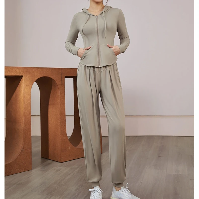 

AllSeason Sport Women Solid Casual Hooded High Stretch Zipper Shirt Slim Tees Top Gentle Blouse Yoga Long Sleeve Pants