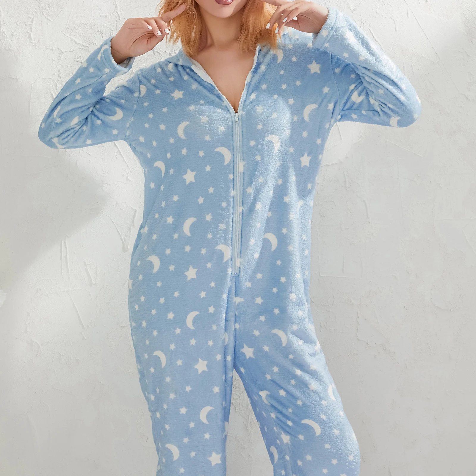 Women Pajama Floral Print Long Sleeve Hooded Jumpsuit Winter Warm Flannel Nightwear Home Wear Clothes with Zipper S/M/L/XL