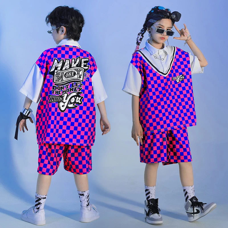 Kid Kpop Hip Hop Clothing Purple Checkered Lapel Oversized T Shirt Top