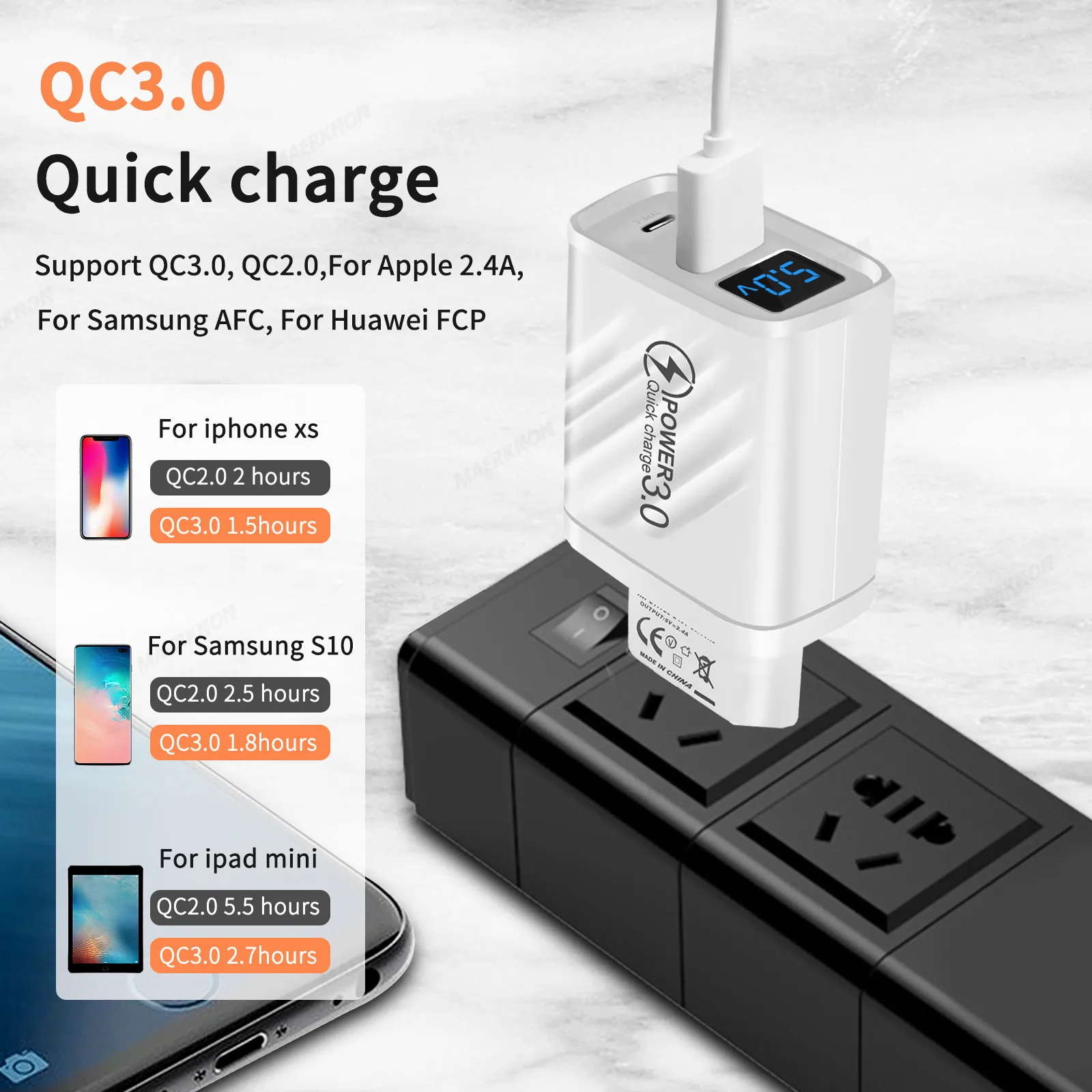 USB C PD Charger 20W Fast Charging Digital Display Phone Charger Adapter For iPhone Samsung Xiaomi Quick Charge 3.0 Wall Charger