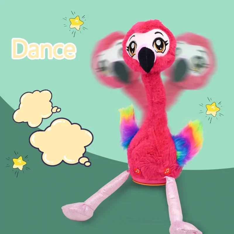 Flamingo Singing And Dancing Stuffed for Doll Repeat What You Said and Emit Colored Lights Toy USB Charging Battery E65D