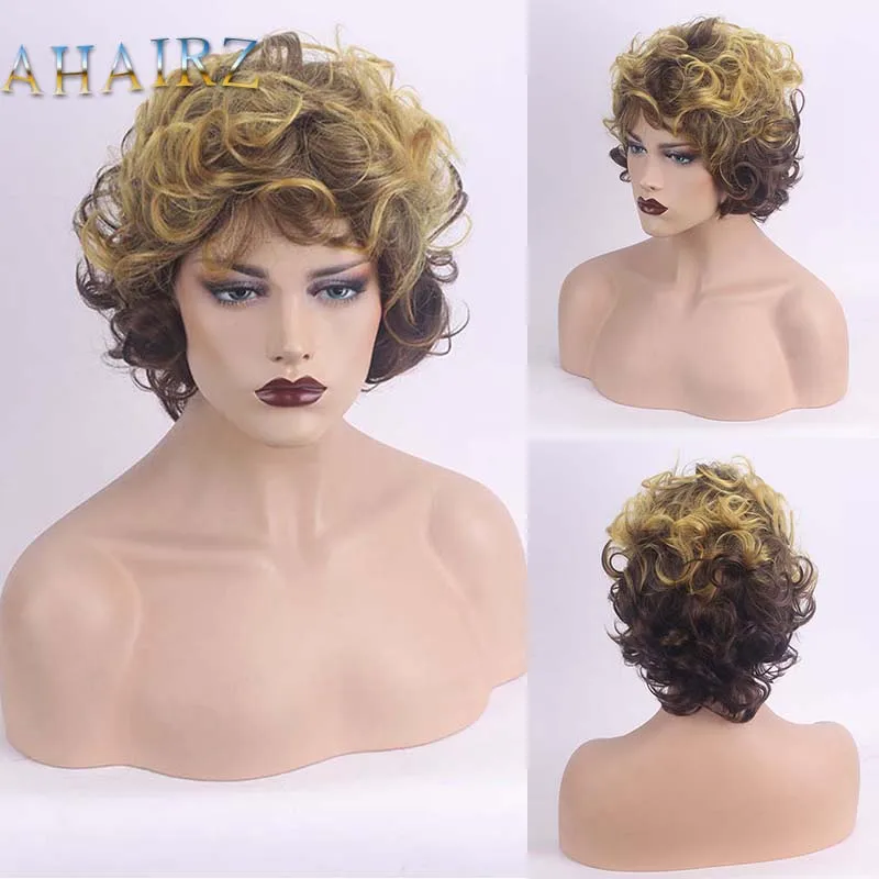 Synthetic Short Curly Hair Mixed Brown Wig for Women Mommy Wig with Bangs Cosplay Costume Party Gift Wig