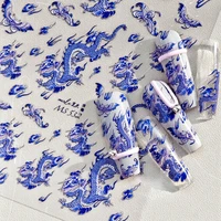 Retro Embroidered Dragon Red Pink Blue White Porcelain Chinese 3D Embossed Relief Self Adhesive Nail Art Stickers Manicure Decal 1