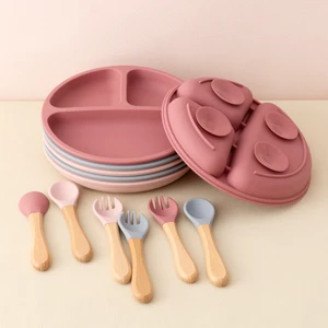 3PCS Silicone Children Tableware Baby Feeding Set Silicone Dinner Plate Wood Handle Spoon Fork BPA Free Baby Training Tableware