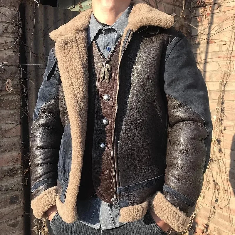 

Free shipping.CC Plus size 6XL men real leather jacket.100% natural fur coat.Claccic B3 style thick wool cloth.luxury