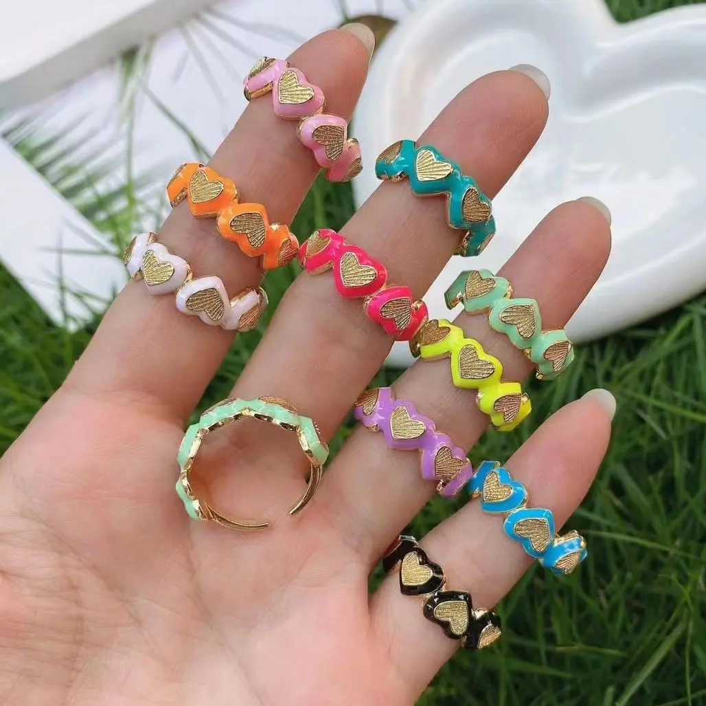 

10Pcs Romantic heart splicing styles adjustable enamel rainbow gold plated rings fashion vintage for women gift