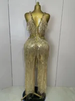 Shiny Gold Rhinestones Sequined Fringe Wide-leg jumpsuit 2025 Women Sexy Night Party Club Outfit Singer Stage Perform Costume - Image 2