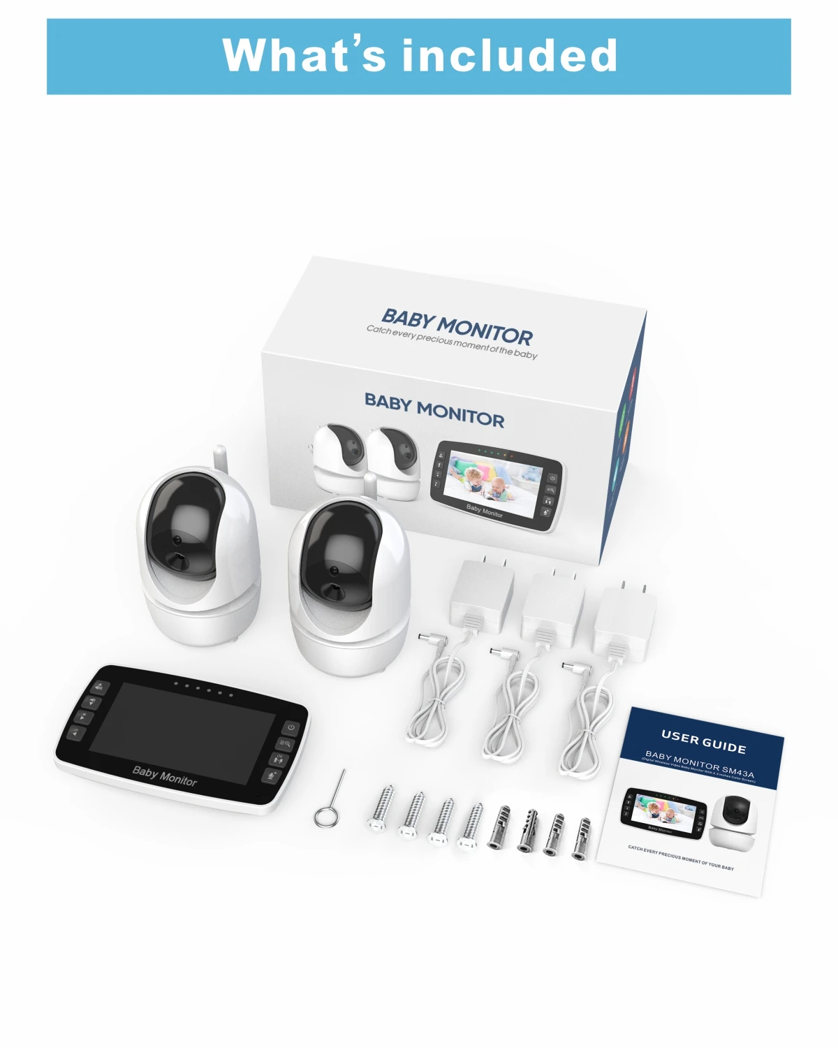 4.3Inch Baby Monitor with Two camera Wireless PTZ Camera High Security Children Camera Night Vision Temperature Monitoring Baby