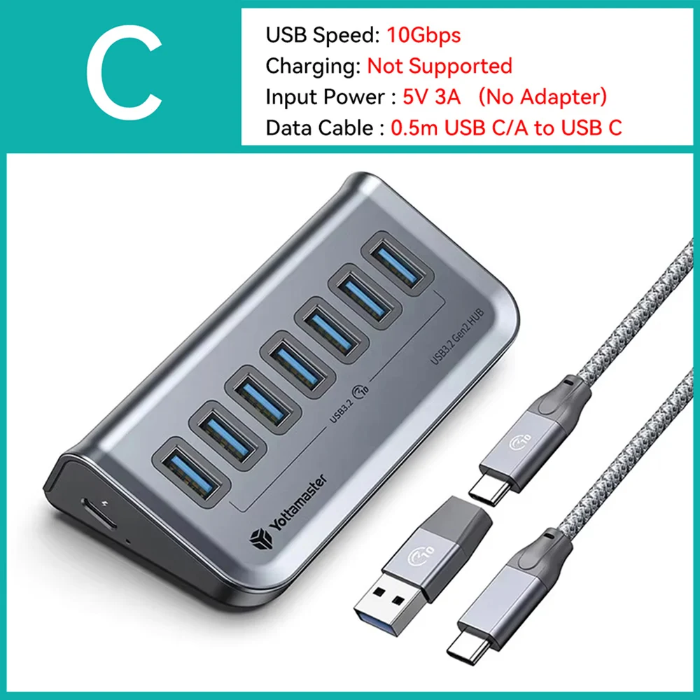 Yottamaster High-Speed 7-Port USB-C Hub with Power Supply