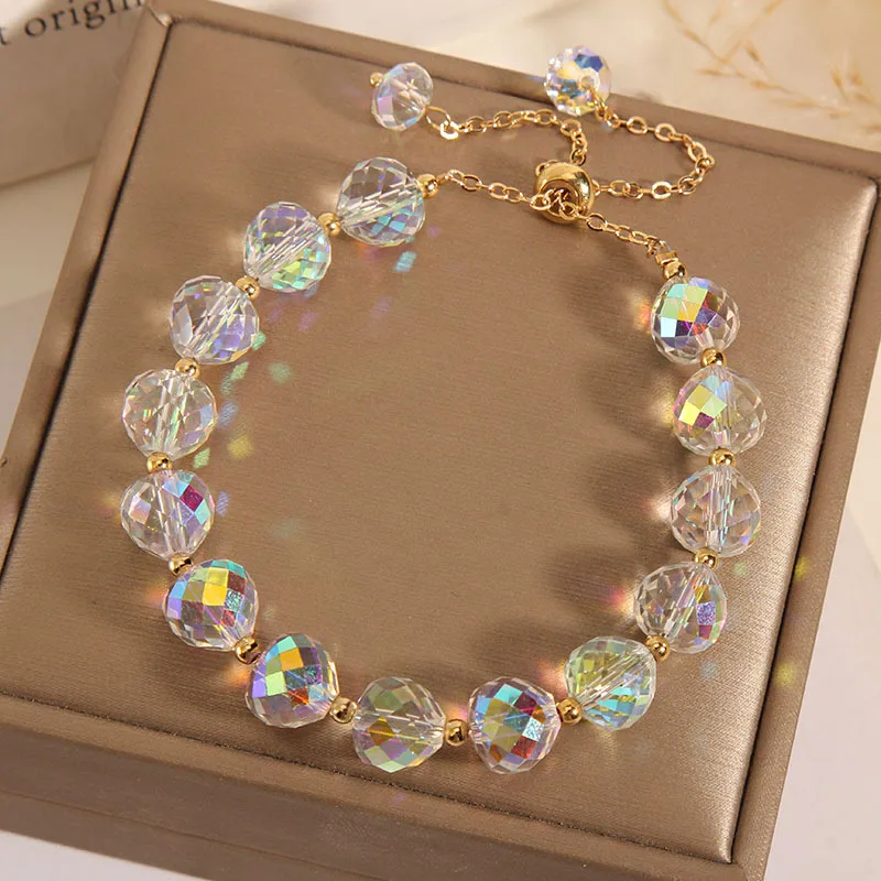 Elegant multicolour crystal bead bracelet with snake chain and toggle clasp for women