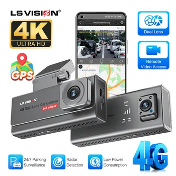 LS VISION 4K 4G Telecamera di sorveglianza per auto Dashcam a doppio obiettivo Rilevamento radar All Round 24/7 Monitoraggio del parcheggio APP Visualizzazione remota dal vivo