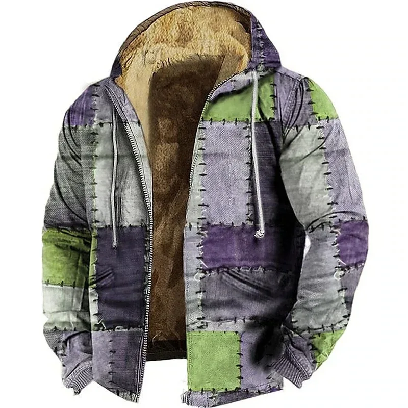 Men's Zipper Hoodies Fleece Parka Coat Sewing Patchwork Graphic Jacket Sweatshirts Outerwear Daily Hooded Zip-up Overcoat 2024