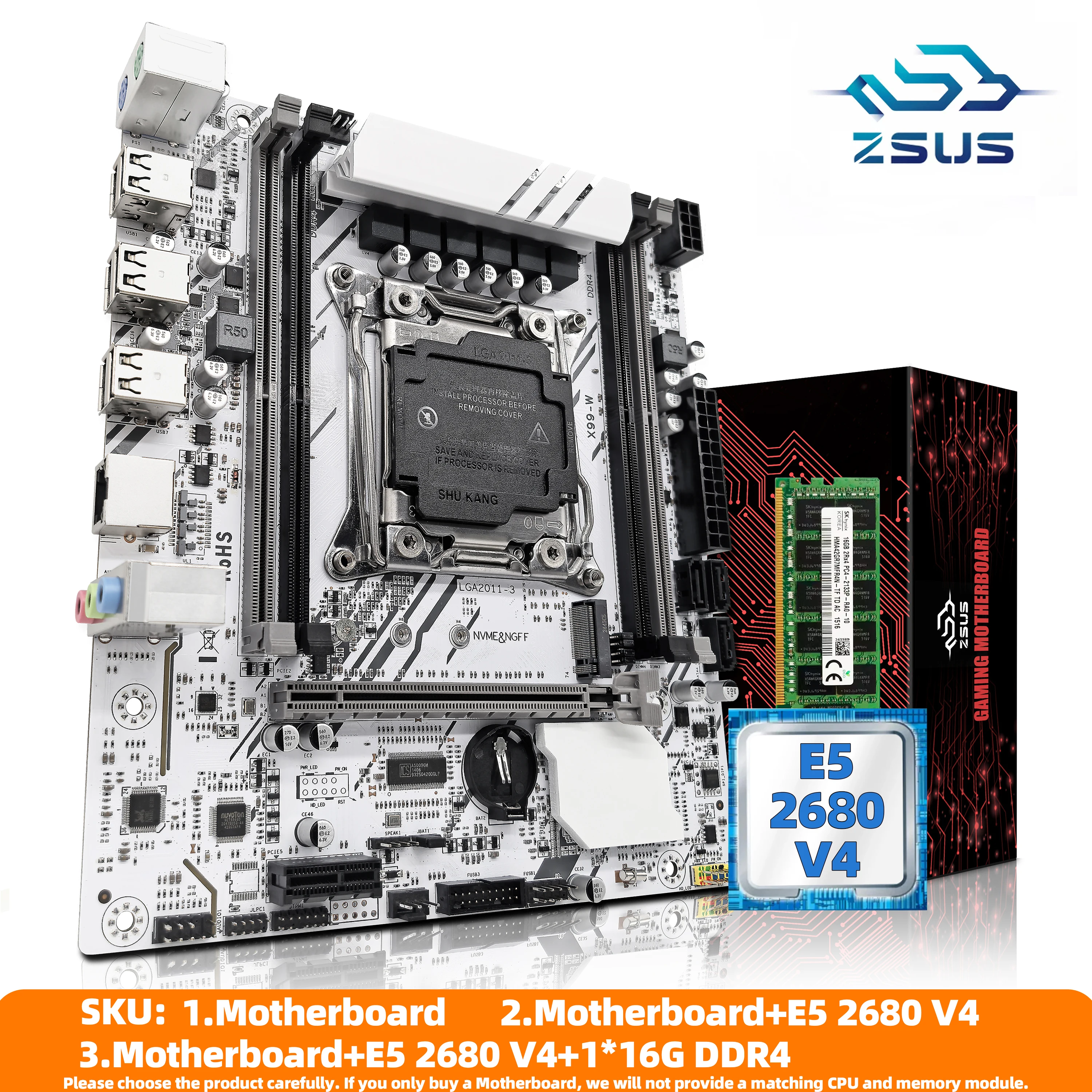 ZSUS X99-W Motherboard Set Kit With LGA2011-3 Xeon E5 2680V4 CPU DDR4 16GB (1*16GB) 2133MHZ RAM Memory NVME M.2 SATA