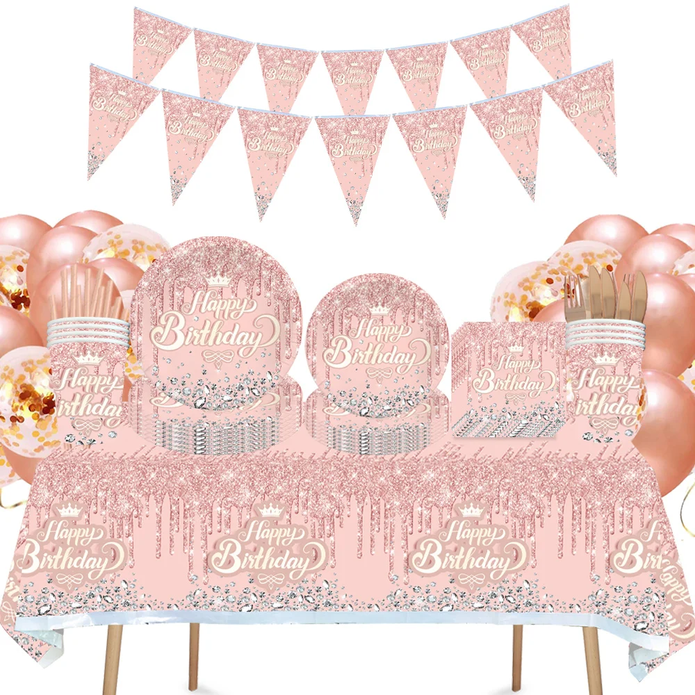 

Pink Sparkly Diamond Birthday Decoration Disposable Paper Plate Napkin Tablecloth Banner Adult Baby Girl 1St Party Supplies