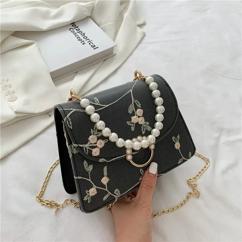 Women Sweet Lace Handbags Pu Leather Cross Body Bags for Women Small Fresh Flower Chain Pearl Shoulder Bags