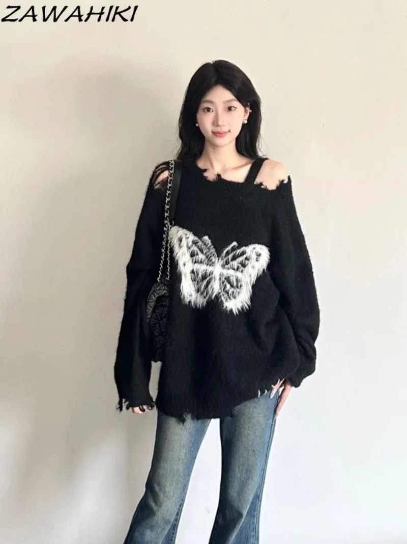 

Autumn Winter New Arrive Butterfly Print Loose Hole Off Shoulder Women Sweater Designed Y2K Aesthetic Casual All Match Tops