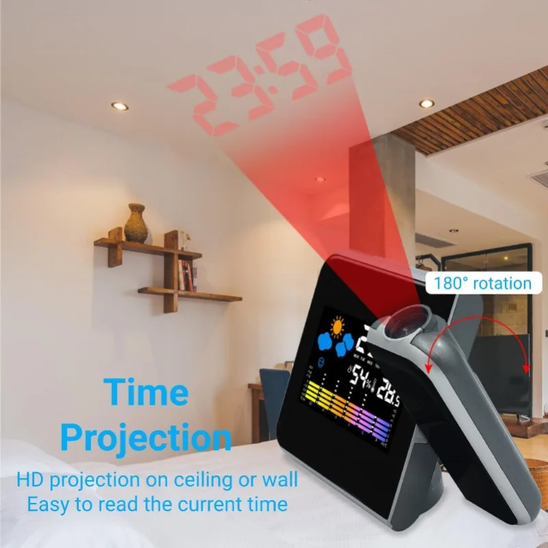Color Screen Digital Projection Weather Alarm Clock, Electronic LED Adjustable Angle Projection Intelligent Alarm Clock