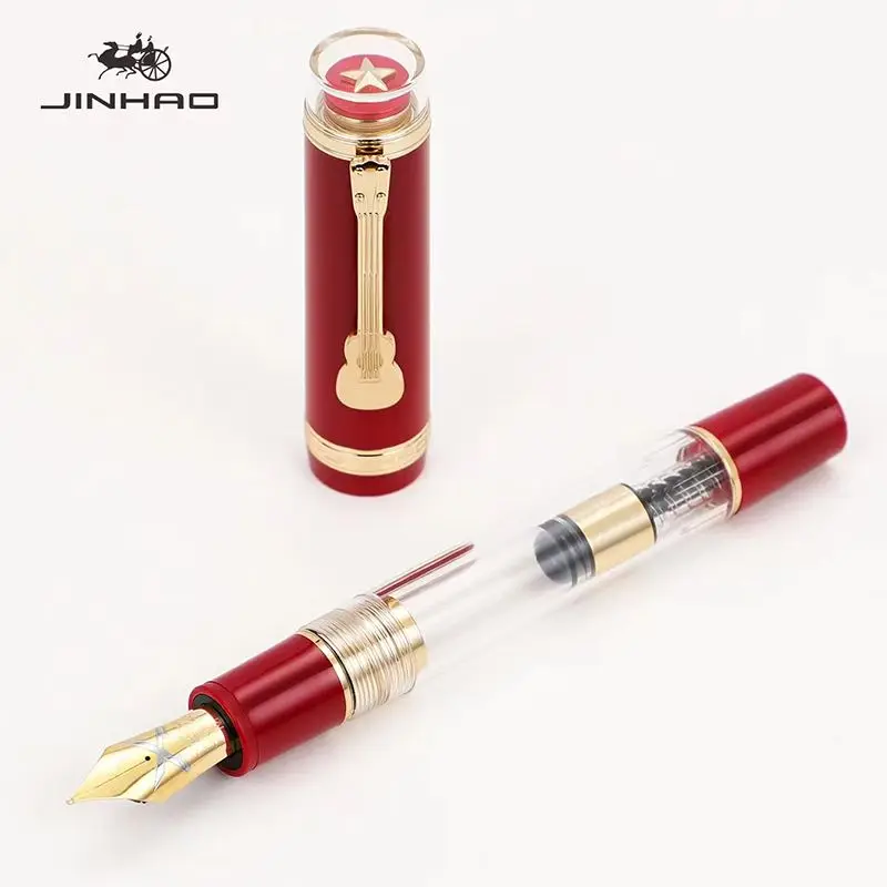 JinHao 1935 만년필, 투명 레드 스핀 F/M 펜촉 문구, 사무실 학교 용품,..
