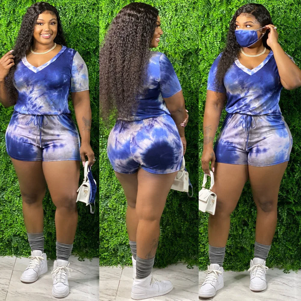 Plus Size Women Jumpsuit Tie Dye One Piece Outfit Summer Casual Lady Tracksuit Sexy V Neck Clothing 2022 Fashion Short Pant