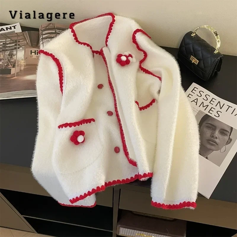 

2023 Winter Casual Basics V-Neck Knitting Long Sleeve Cardigans Women Sweet Single Breasted Female Loose 3D Flower Sweater
