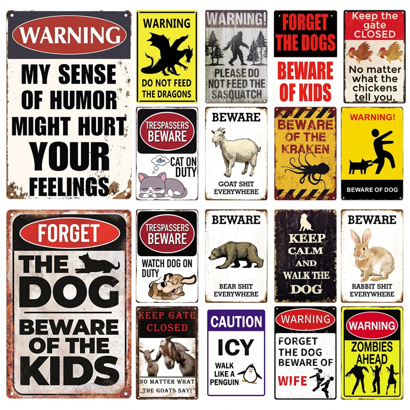 

Retro Tin Sign Beware Animals Dog Cat Bull Kraken Chickens Bigfoot Area Caution Decorative Vintage Plaque Metal Poster Decor