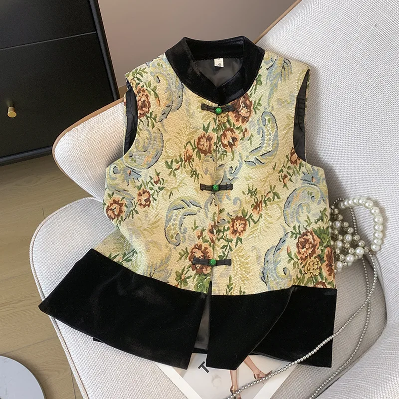 Vintage Button Down Cheongsam Vest New Chinese Style Tops Women Satin Embroider Flower Hanfu Jacket Lady Casual Outwear