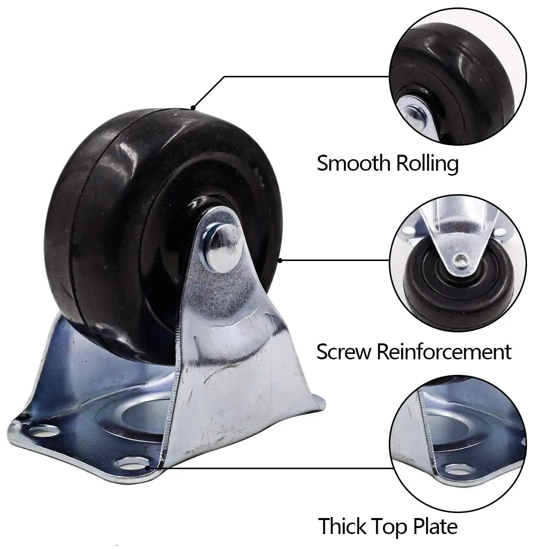 4Pcs Casters Heavy Duty 2 inch Rubber Black Caster Wheels with Rigid Fixed Non-Swivel Top Plate for Furniture 5