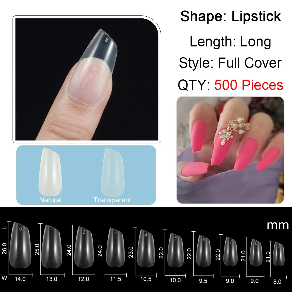 

500pcs Bevel Lipstick Shape False Nail Tips Transparent Natural Fake Artificial Nail Art Tips Acrylic UV Gel Polish Manicure