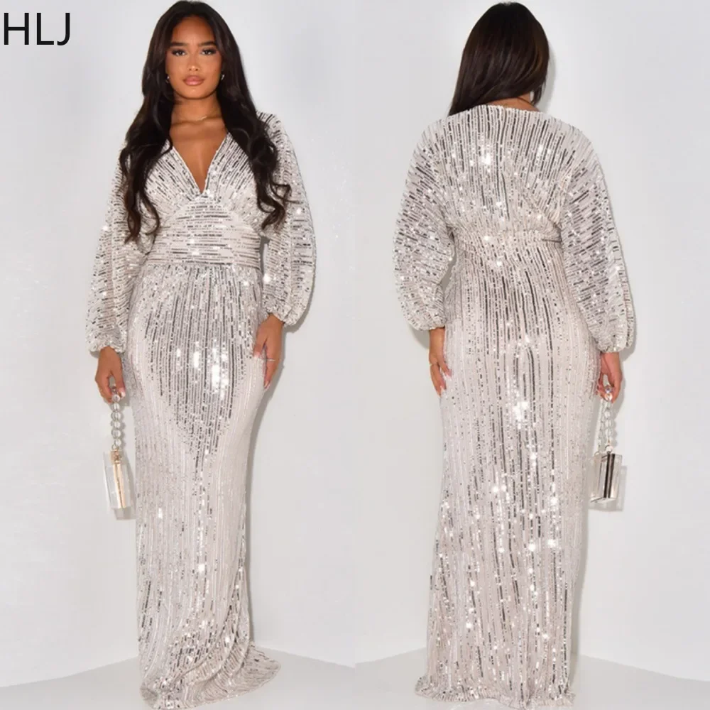 

HLJ Fashion Sequin Deep V Long Sleeve Evening Party Dresses Women Solid Color Slim Vestidos Female Solid Sparkling Club Clothing