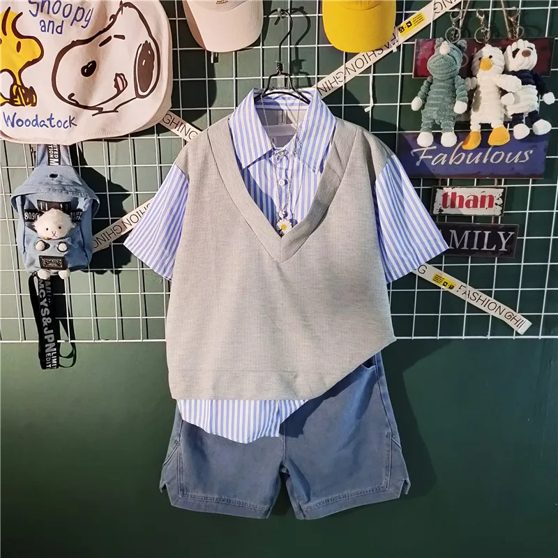 

Summer Cotton Linen Shirt Set Men's Casual Outdoor 2-Piece Suit Clothes Comfy Breathable Beach Short Sleeve Stripe Shirts W50