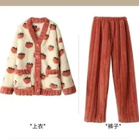 Women Warm Flannel Pajamas Set Strawberry Kawaii Girlish Winter Flannel Sleepwear Ladies Warm Velvet Loungewear Casual Homewear - Image 2