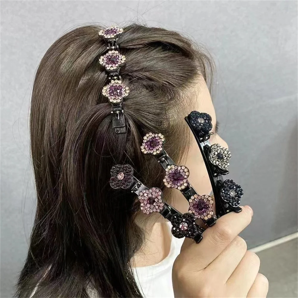 Sparkling Crystal Stone Braided Hair Clips 3 Flower Hair Accessory For Women Girls Rhinestone Braid Hairpins Sweet Hair Decorate 64pcs diamond painting convenience tools beads container rhinestone diamond storage accessory box diy beads plastic box