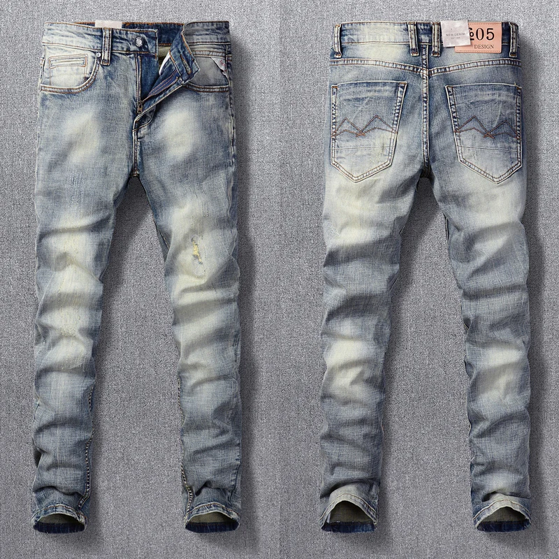 Newly Designer Fashion Men Jeans Retro Blue Elastic Slim Fit Ripped Jeans Men Trousers Vintage Casual Stretch Denim Pants Hombre men s skinny ripped jeans fashion grid beggar patches slim fit stretch casual denim pencil pants painting jogging trousers men